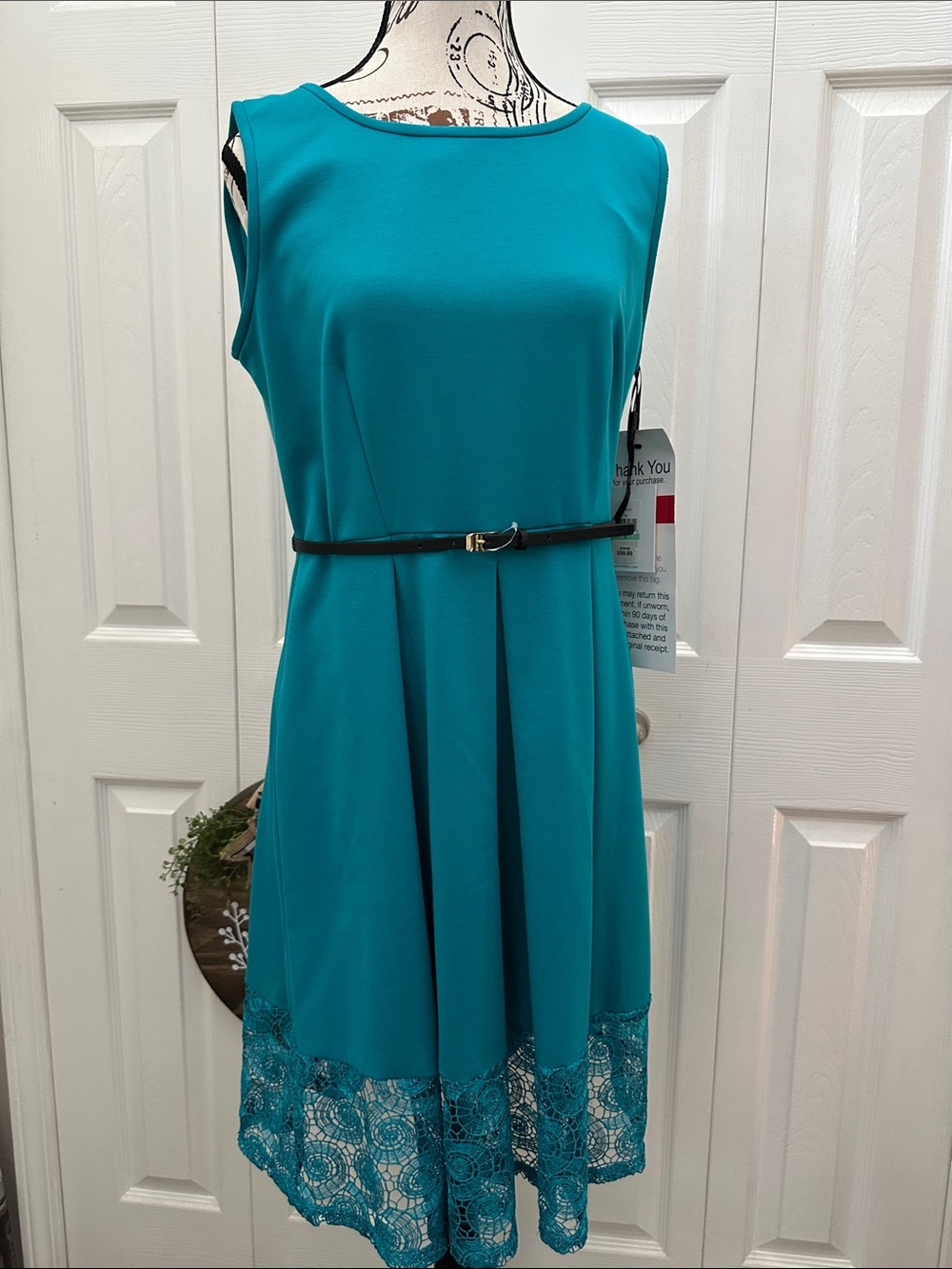 NWT Calvin Klein Teal Sleeveless Knit Lace-Hem Dress with Slim Black Belt